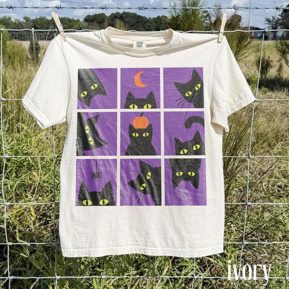 Black Cat Grid Halloween Shirt, Peeking Kitty Graphic Tee, Purple Moon